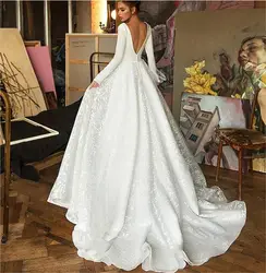 Кружевное свадебное платье с длинным рукавом, атласное с открытой спиной, v-образный вырез, свадебное бохо-платье, простое свадебное платье