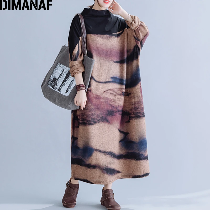 Skup DIMANAF sukienka damska plus size Knitting bawełna jesień Oversize chiński styl luźne kobiet Lady Vestidos drukuj Maxi długa sukienka nowy