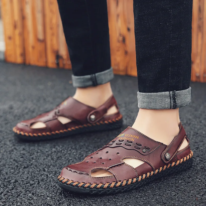 Новинка года; сезон весна-лето; стильные мужские сандалии; сандалии из воловьей кожи; Мужские Повседневные Дышащие шлепанцы с закрытым носком; большие размеры
