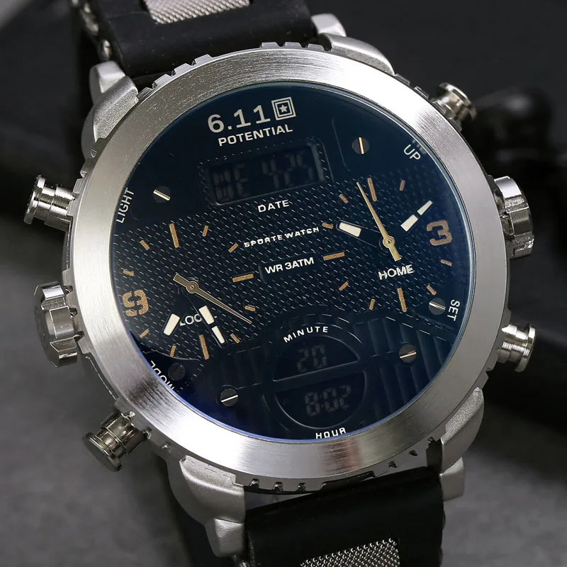 

6.11 Mens New Fashion Double Display LED Digital Watch Magic Mirror Multifuntion Waterproof Quartz Watch Men Ourdoor Sport Watch