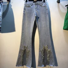 Лето Осень Женские Европейский стиль новые тяжелые стразы кисточкой бисера Высокая талия обтягивающие девять очков Джинсы Брюки женские джинсы