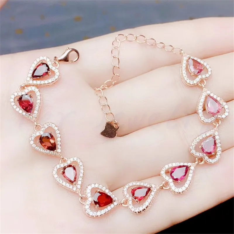 plated rose gold Натуральный настоящий гранат Любовь Сердце Стиль Браслет цепочка 1.6ct* 5 шт драгоценный камень Серебро 925 пробы ювелирные украшения# B973006 - Цвет камня: plated rose gold