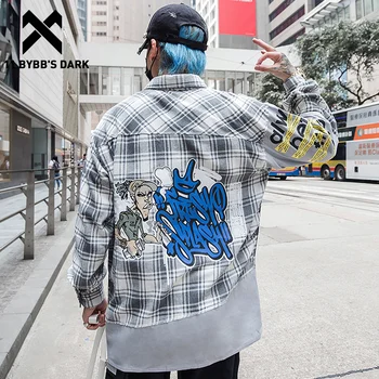 

11 BYBB'S DARK Patchwork Plaid Hand-painted Letter Print Men Shirt Harajuku Casual Cotton Hip Hop Male Long Sleeve Streetwear