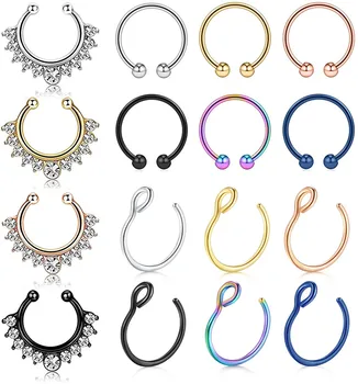 

Fake Nose Rings Hoop 12-16pcs Stainless Steel Faux Fake Lip Ear Nose Septum Ring Non-Pierced Clip On Nose Hoop Rings