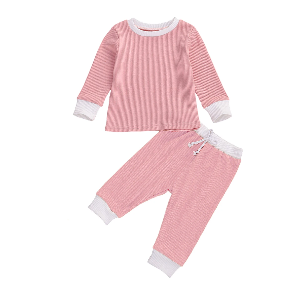 

0-24M Baby Girls Ribbed Solid Clothes Set Boys Long Sleeve Bandage O-neck Solid T-shirt Pants Kid Outfit Autumn Girl 2PCS Sets