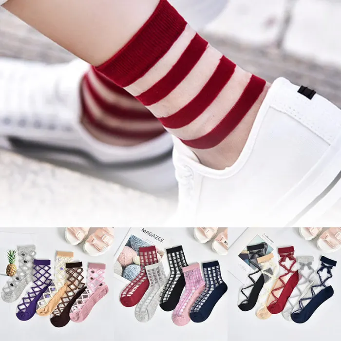 5 Pairs Fashion Mesh Transparent Socks for Women Comfortable Breathable Thin Fishnet See Through Ankle Sock JS25