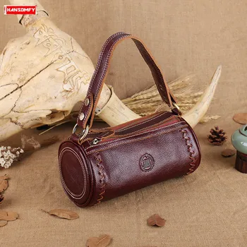 

2020 New Genuine Leather Women Handbag Shoulder Diagonal Bag Retro Portable Cylinder Mini Messenger Bag Top Layer Leather Female