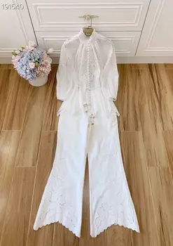 

2020 New Autumn Winter Runway Two Piece Set Women Elegant Lantern Sleeve Ruffles Blouse + Long Pant Suits New Embroidery Suits