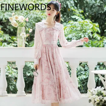 

FINEWORDS Janpan Lolita Kawaii Pink Dress Woman Vintage Floral Summer Beach Dress A line Elegant Peter Pan Collar Party Dresses