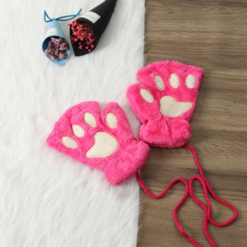 Women Girls Lovely Thick Fluffy Bear Cat Plush Paw Claw Half Finger Gloves Winter Keep Warm Fingerless Gloves - Цвет: RH