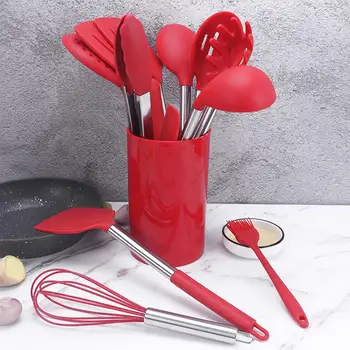 

Leakage Shovel 14pcs Food Grade Durable Cookware Set Spoon Red Silicone Ladle Kitchenware Spaghetti Server Egg Beater