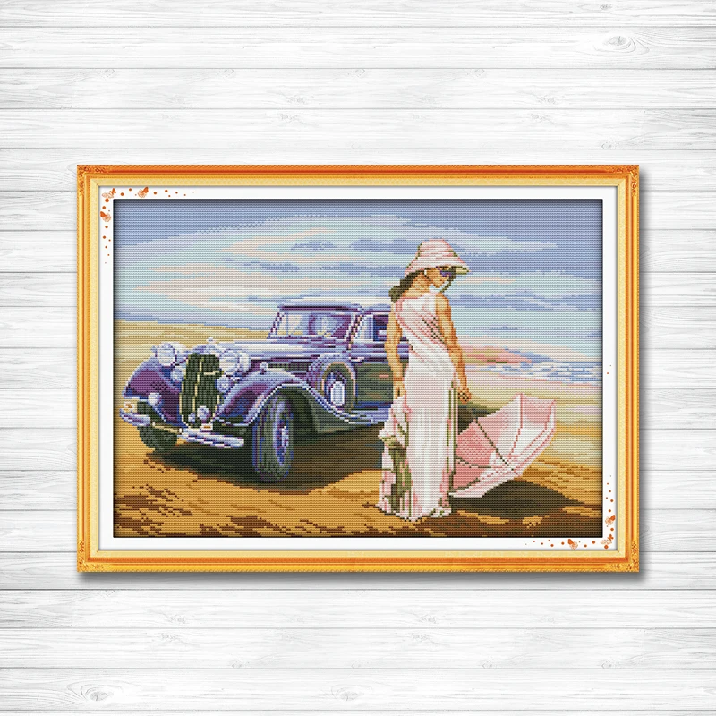 

Car model sexy girl pattern printed on canvas DMC 14CT 11CT Cross Stitch kit full for embroidery needlework Set woman Home Decor