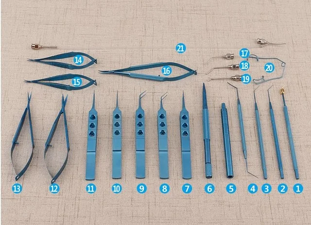 21Pcs/set Titanium Alloy Eye Ophthalmic Cataract & Intraocular Set Surgical Instrument Eye Micro Surgery Tools Red