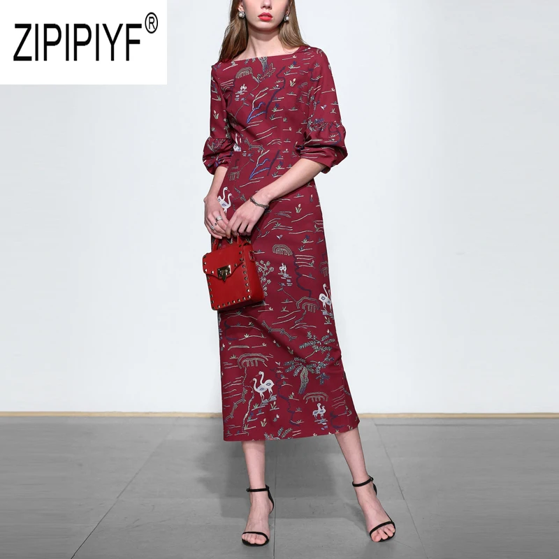Осень зима Подиум модные женские платья с круглым вырезом три четверти рукав цветочный принт Винтажные Платья офисные платья Z2311