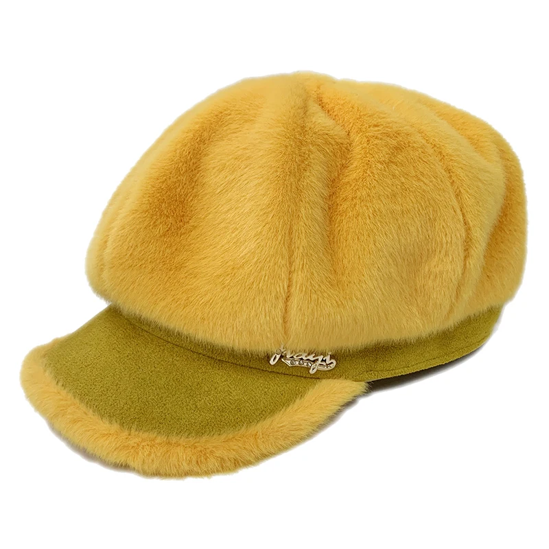 Осенне зимняя женская кепка Newsboy Casquette Femme искусственный мех кролика плюшевая
