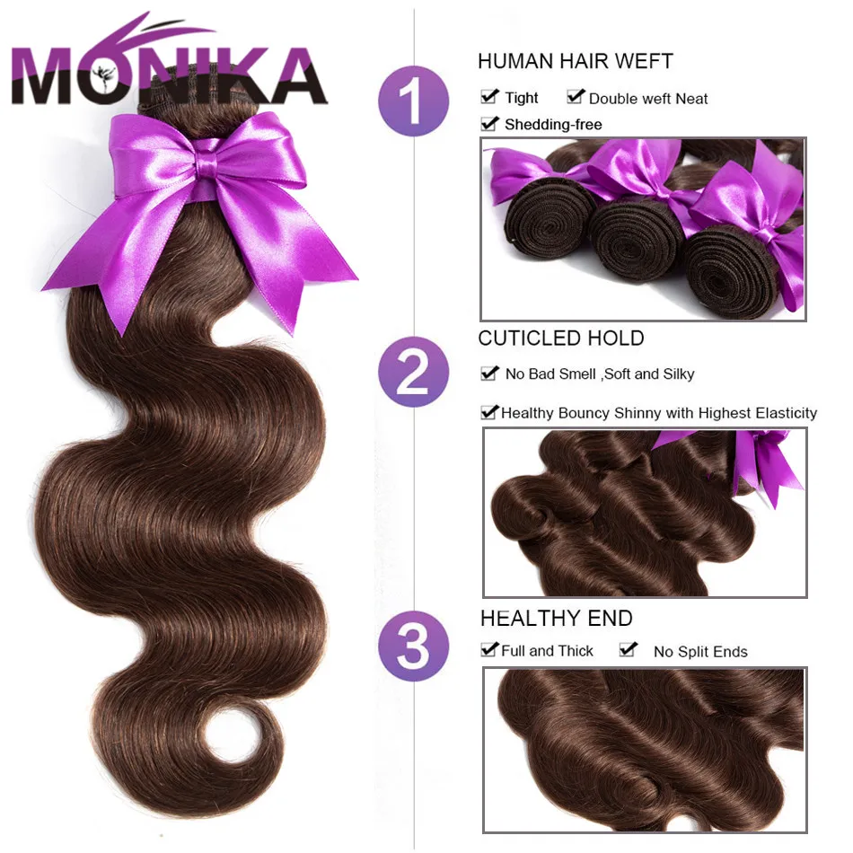 Monika, цветные пряди для волос,#4#2, коричневые пряди, бразильские волнистые пряди, не Реми, человеческие пряди для наращивания волос, 8-26 дюймов