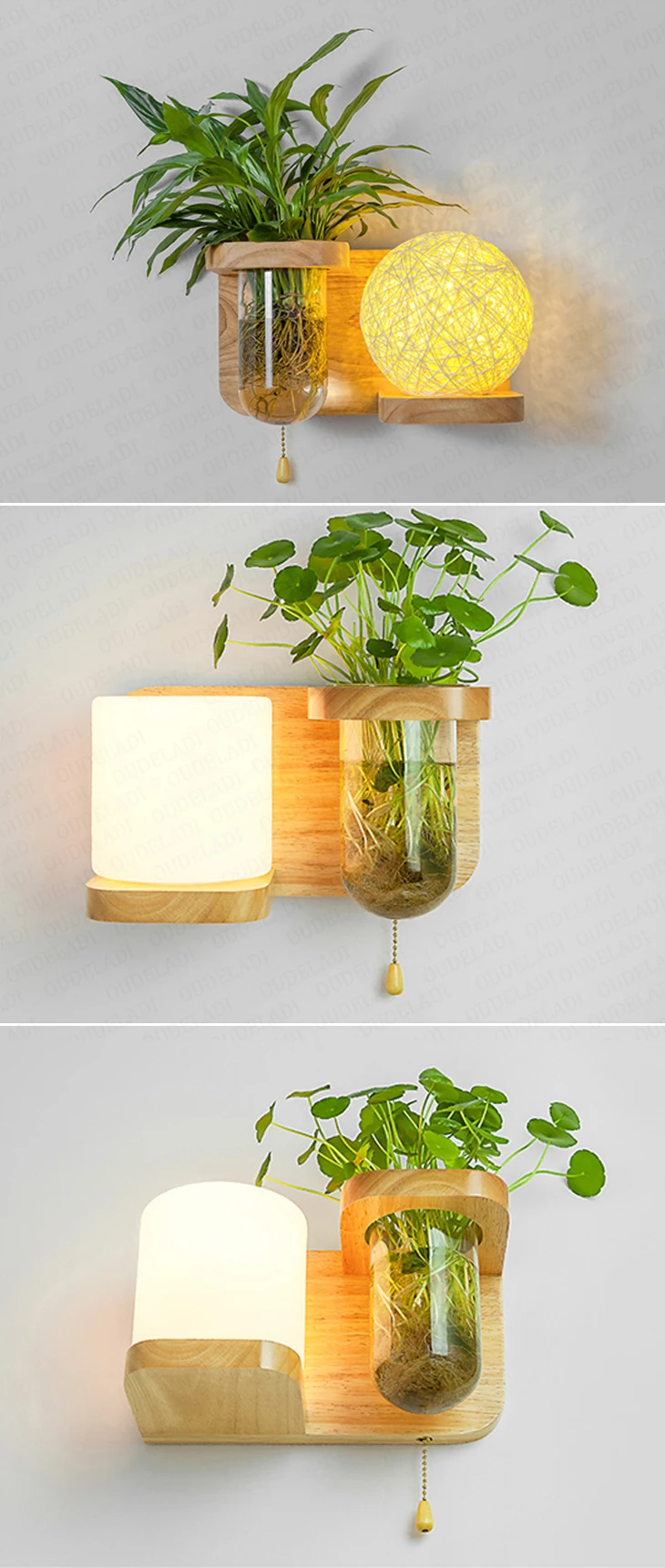 Nordic minimalist interior with switch green plant solid wood aisle decorative balcony bedside lamp E27 wall lamp