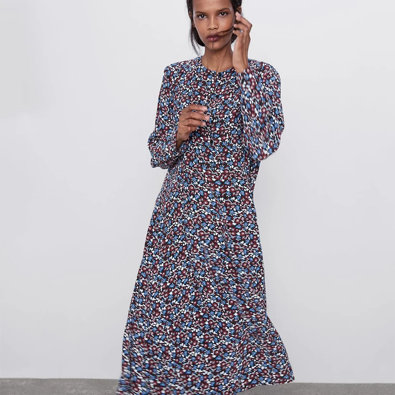 ZA новые осенние модные платья для женщин с принтом длинный рукав платье миди