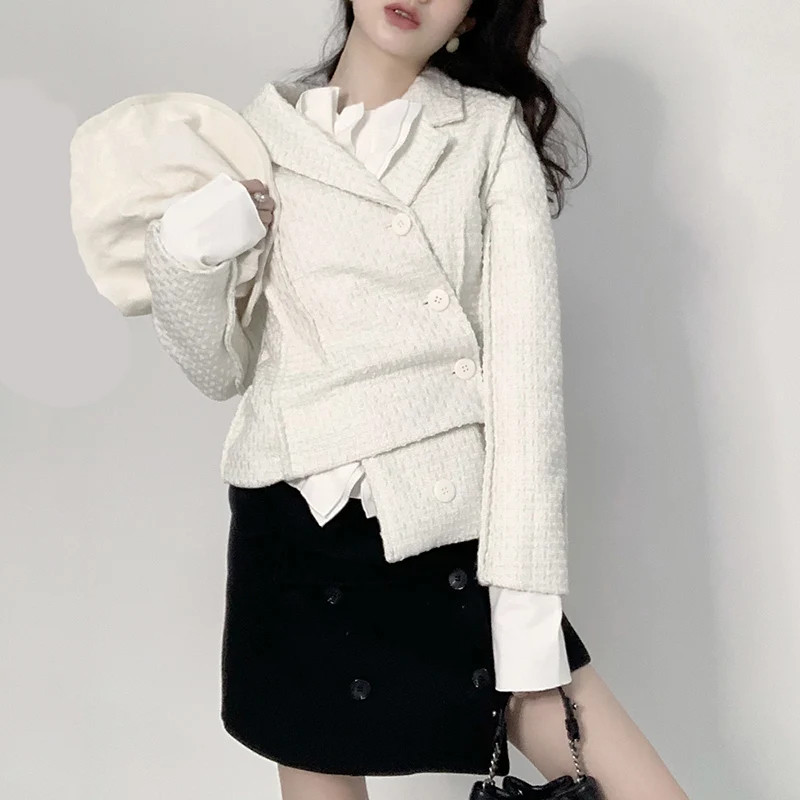 [DEAT] New Spring Summer Lapel Long Sleeve Single Breasted Irregular Causal Short Jacket Women Coat Fashion Tide 10B821