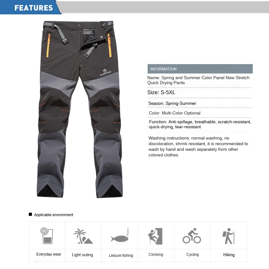Men Hiking Pants Spring Autumn Single Layer Windproof Waterproof Camping Climbing Fishing Trekking Cycling