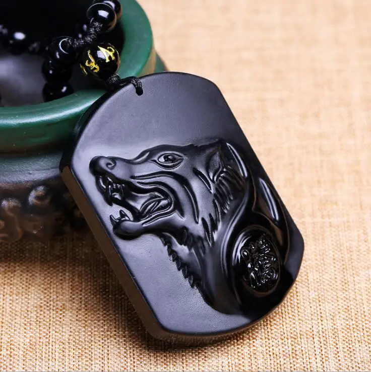 Obsidiana negra tallada cabeza de Lobo obdidiana amuleto colgante Jade воротник obsidiana bendición suerte colgante Jade jo