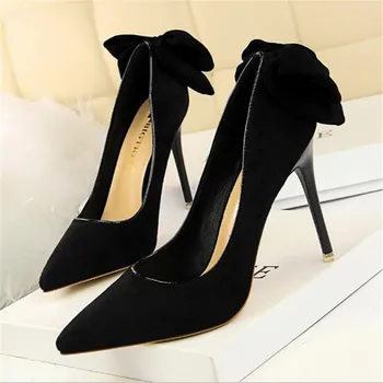 

BIGTREE 2020 New Korean Women's High Heels Suede Shallow Mouth Pointed Sexy Nightclub Was Thin After Bow Women Shoes