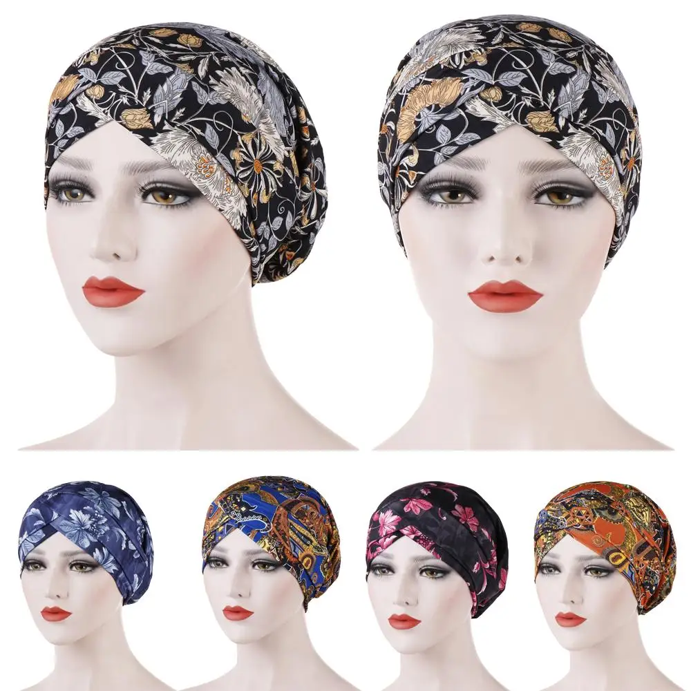 

Women Printed Hair Loss Scarf Cancer Chemo Cap Muslim Turban Hat Head Wrap Criss Cross Bonnet Islamic Beanies Skullies New