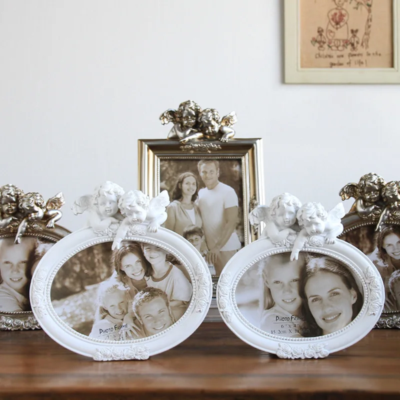

Vintage Silver White Oval Resin Photo Frame Creative Angel Handmade Sculpture Desktop Decorative Photo Frame Holder Ornament