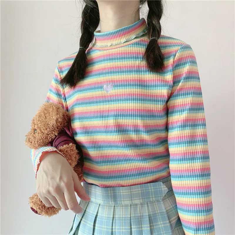 Lychee Harajuku радужная полоса сердце вышивка женская футболка водолазка пуловеры для девочек топы милые весенние женские футболки тройники