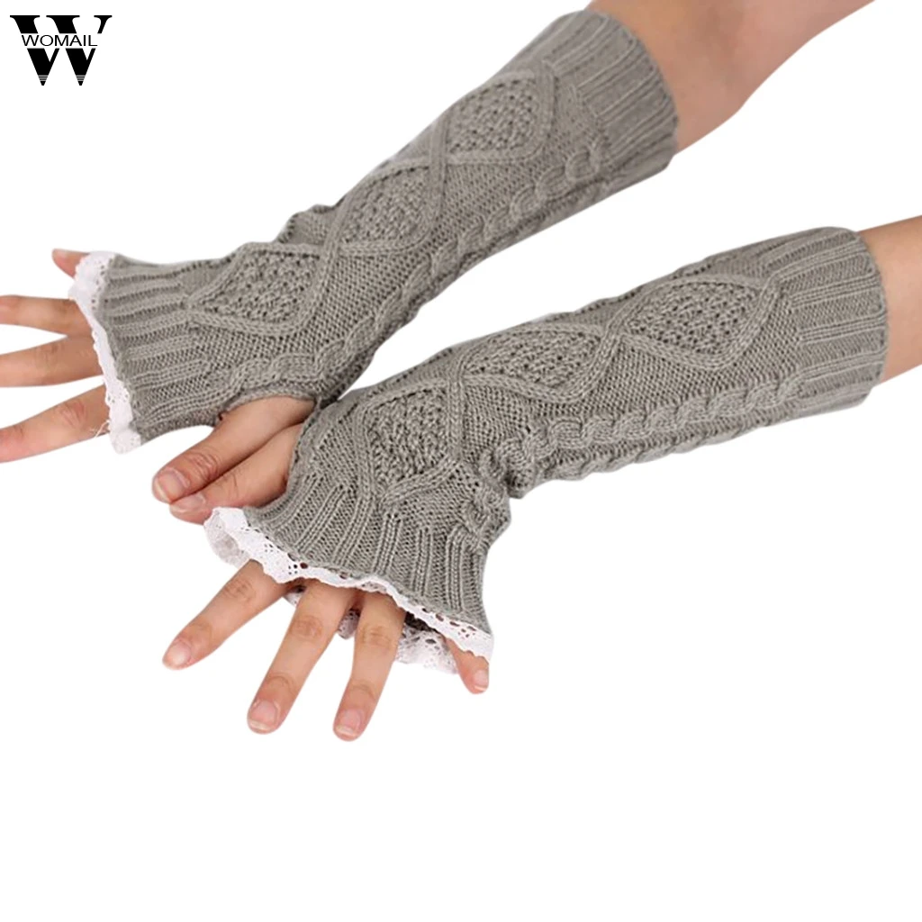 Womail Women Gloves Hand Warmer Winter Gloves Knitted Button Hollow Out Leaf Lace Keep Warm Fingerless Gloves guanti donna