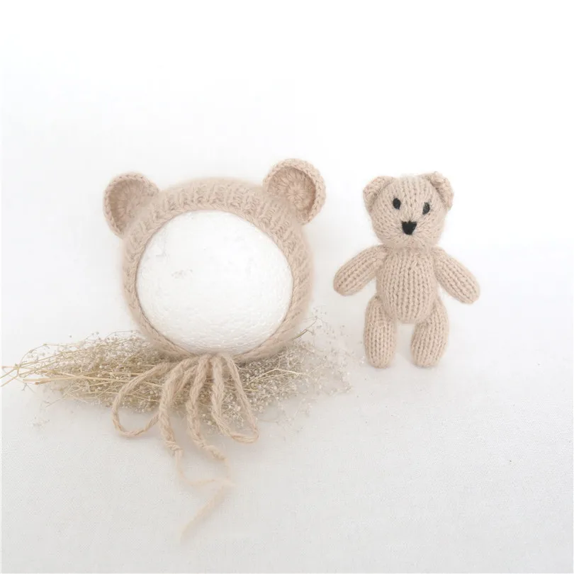 

Angora Mini Teddy Bear Hat and Toy Set Knitted Beige Fluffy Newborn Bonnet Posing Toy New born Phtoography Props Knittd Bear