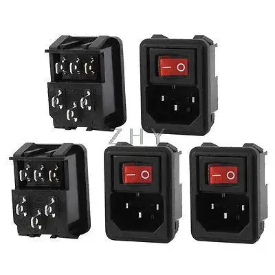 

5 Pcs 3 Pin SPST Red Light Rocker Switch IEC320 C14 Power Socket AC 10A 250V