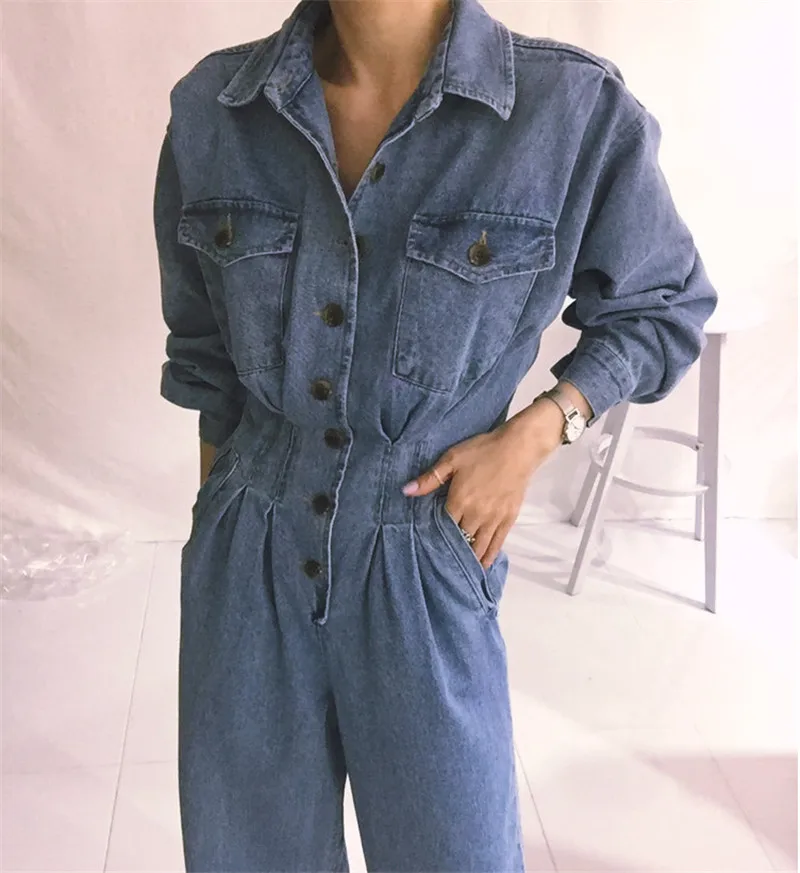 RUGOD джинсовый комбинезон с отложным воротником, сборная Талия, широкие ноги, одежда с длинным рукавом, Комбинезоны для женщин, мода