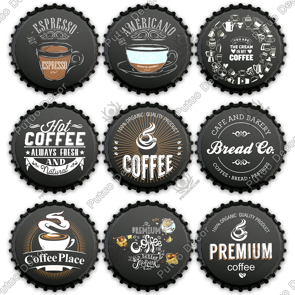 Putuo Decor Coffee Bottle Cap Metal Sign Plaque Metal Vintage Tin Sign Decor for Kitchen Cafe Pub Bar Club Home Wall Decoration