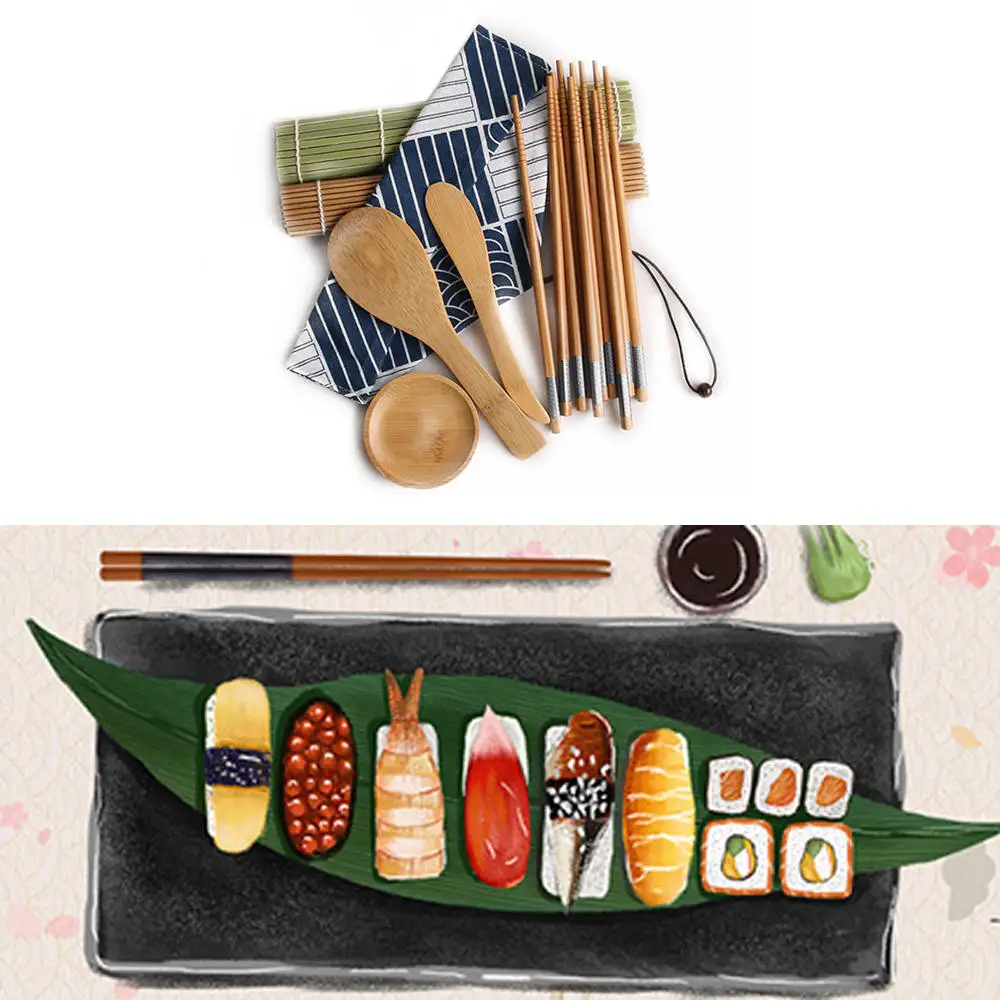 11pcs/set Sushi Roller Bamboo Mat Spoon Chopsticks Maker Food Rolling Tool Sushi Tools Multi-Piece Sets
