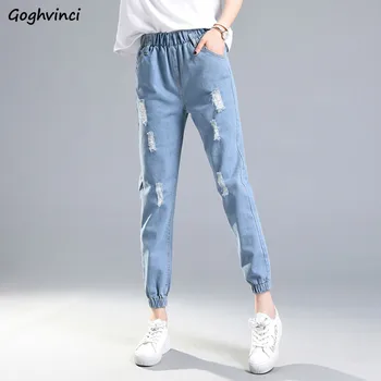 

Jeans Women Trendy Denim Hole Soft Elastic Waist Pockets Washed Streetwear Korean Style All-match Simple Womens Trousers Ulzzang