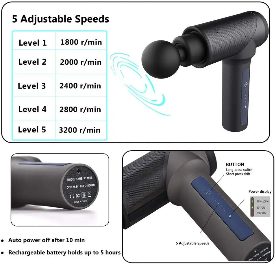 Массажный пистолет для мышц 5 скоростей, массажер с 4 головками, мощный перкуссионный Массажер для глубоких тканей для снятия боли в мышцах и жесткости