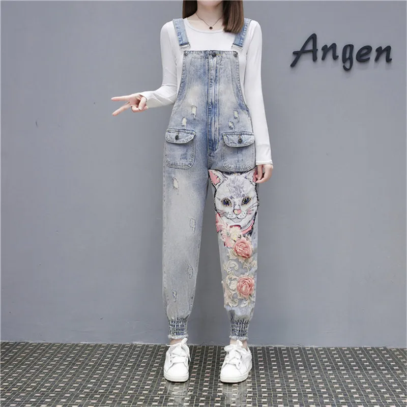 2020 Spring Fashion Cartoon Pattern Sequins Denim Jumpsuit For Women Ripped Hole Casual Loose Overalls 2020 Spring Fashion Cartoon Pattern Sequins Denim Jumpsuit For Women Ripped Hole Casual Loose Overalls