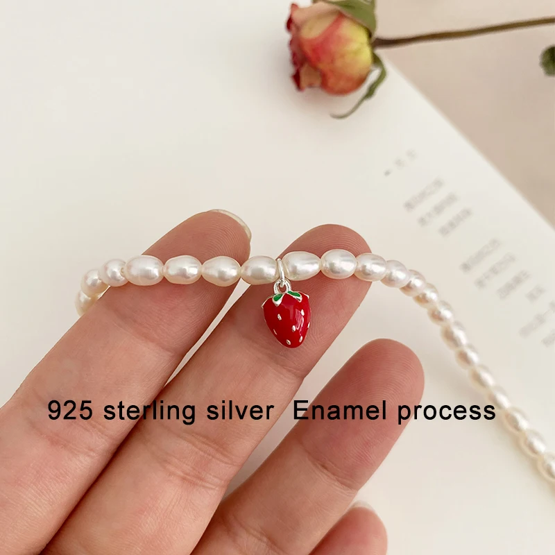 ASHIQI Natural Freshwater Pearls Necklace 925 Sterling Silver Chain Strawberry Pendant Fashion Jewelry for Women