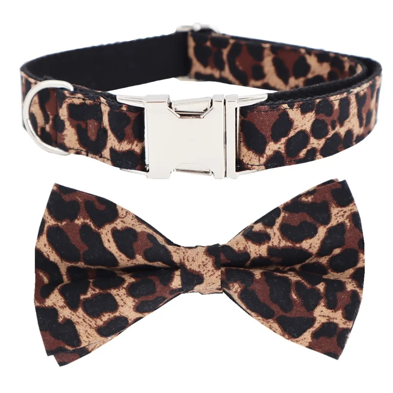 

leopard Dog Collar Bow Tie with Metal Buckle Big and Small Dog&Cat Collar Pet Accessories