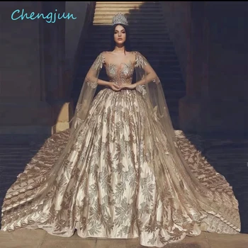 شراءChengjun جديد Deaign الذهب المرأة الكرة ثوب شفاف بلايز مثير الدانتيل فستان الزفاف الفاخرة مع الأكمام