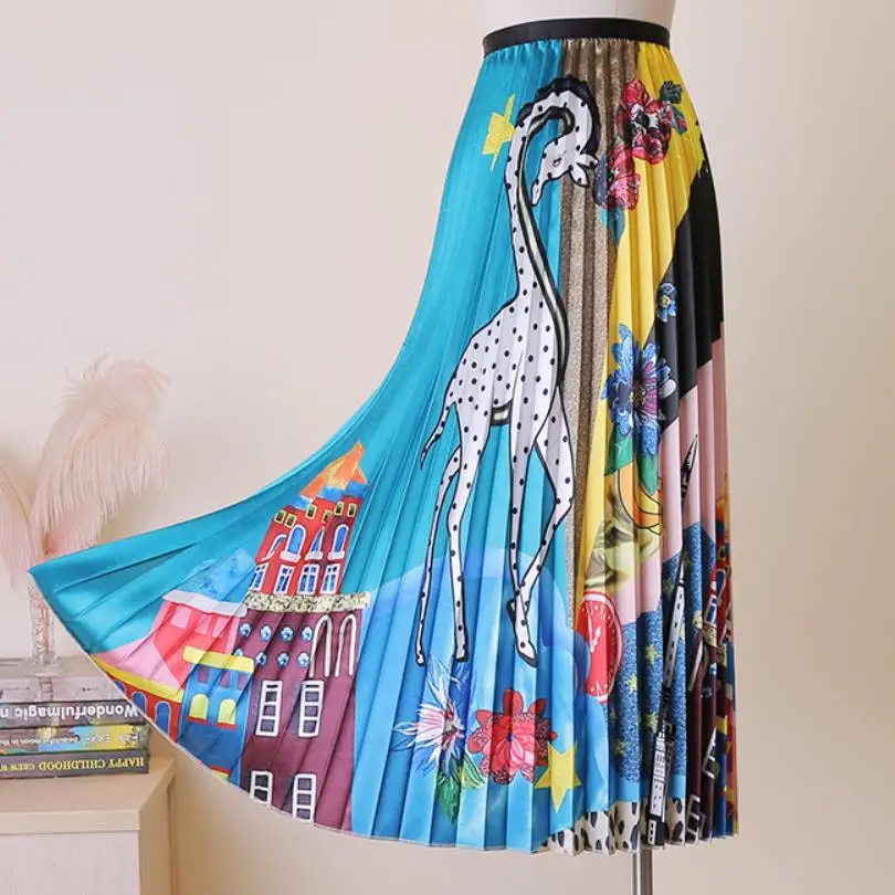 Новое поступление, осенние женские элегантные гофрированные длинные юбки с рисунком из мультфильма, юбки до середины икры с высокой талией