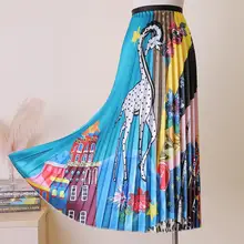 Новое поступление, осенние женские элегантные гофрированные длинные юбки с рисунком из мультфильма, юбки до середины икры с высокой талией