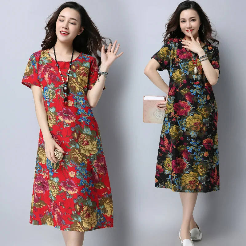 

2019 Summer Loose And Plus-sized Medium-length Skirt Retro National Wind WOMEN'S Dress Slim Fit Slimming Short-sleeve Dress Wome