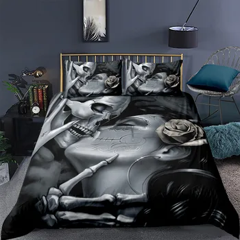 

3D skull digital printing three-piece love skull bedding