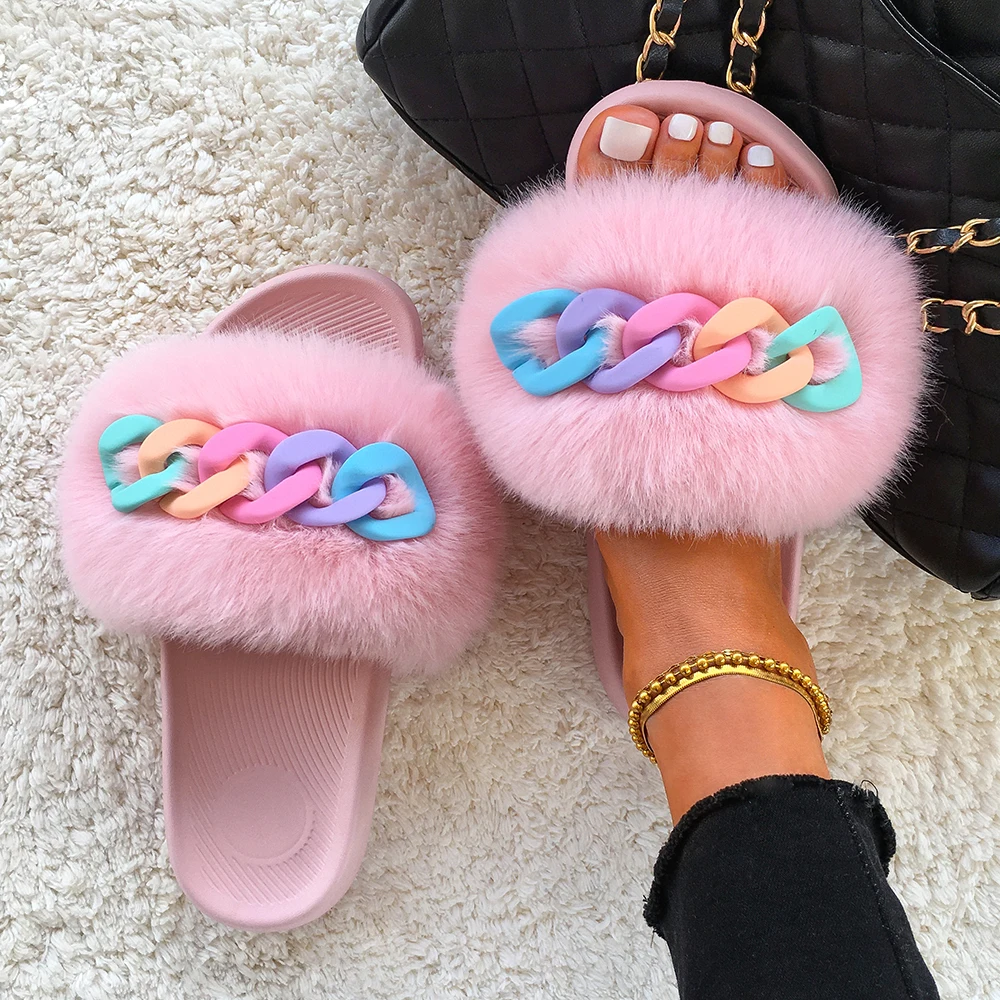 Ladies Fluffy Fur Luxury Slides Sliders Summer Slippers Flat Home Sandals Shoes 