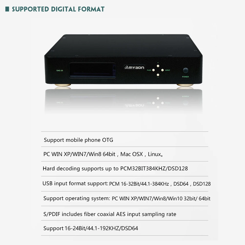 Myadn DAC20 DAC USB AK4495 DSD128 NIC PCM 32 бит/384 кГц HIFI аудио декодирование поддержка AES/USB/оптический/Coaxal/OTG Настольный декодер