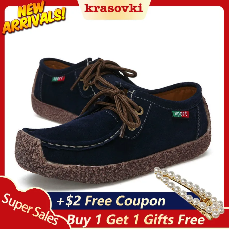 

Krasovki Loafers women Flats Genuine Suede Leather Soft Female Shoes Moccasins lace up shoes For Ladies Fashion Sneakers