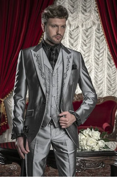 New Shiny Silver Grey Men Suits Tailored Bridegroom Wedding Tuxedos Formal Prom High Quality For Men suit(Jacket+Pants+Vest