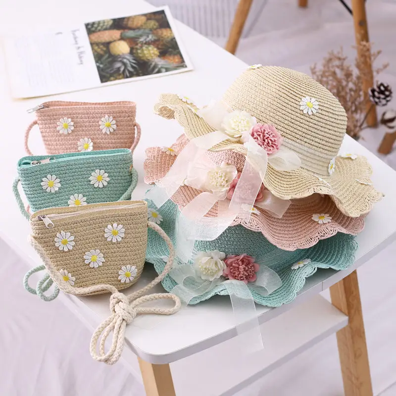 Lovely Children Summer Straw Crossbody Bags Set Princess Baby Girls Mini Beach Shoulder Bag Daisy Kids Coin Purse Wallet coin purse coin wallet shoulder bags